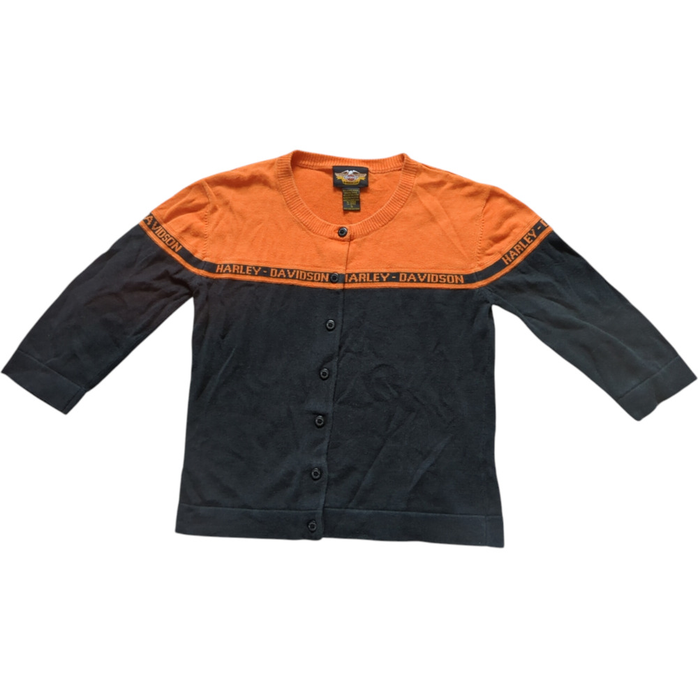 Harley Davidson Sweater Women's Small Cardigan Orange Black Button‎ Front VTG